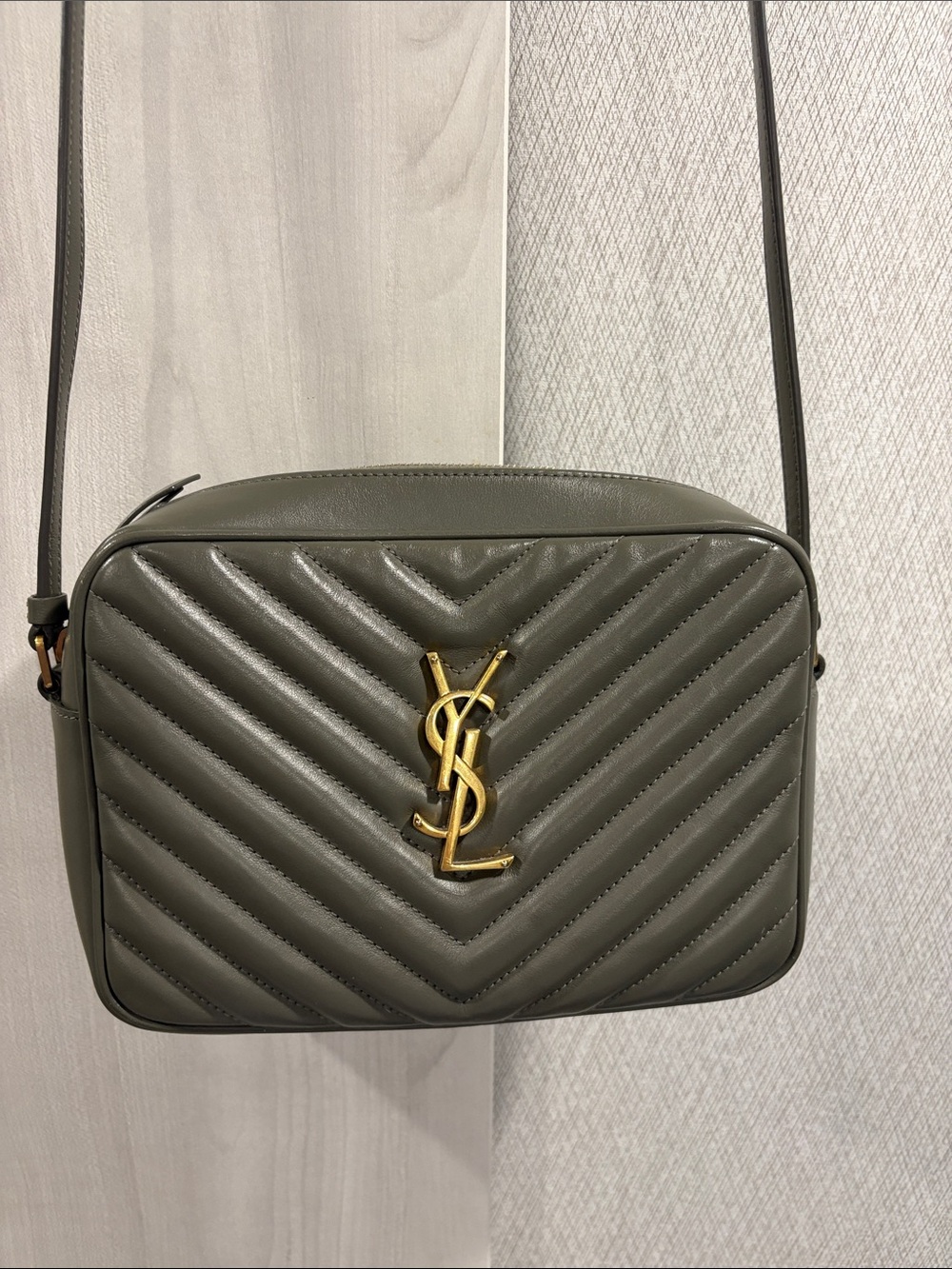 Saint Laurent Olive Quilted Leather Crossbody with Gold YSL